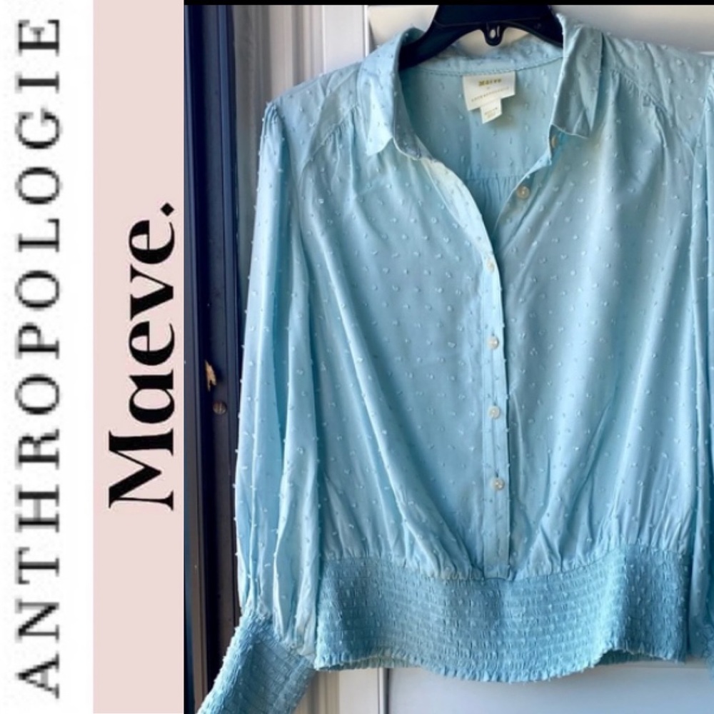 Anthropologie Maeve Fairfield Swiss Dot Smocked Blouse Light Blue Size M